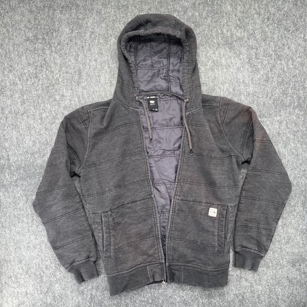 Rusty Hoodie Mens Full Zip Quilted Jacket Charcoal Gray Small Surf Skate Y2K